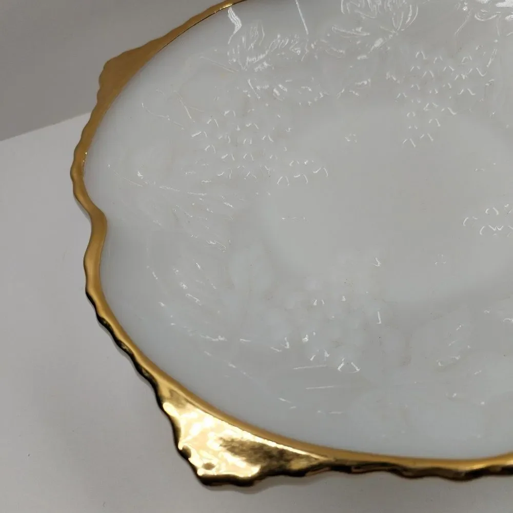 Anchor‎ Hocking Grape Leaves Milk Glass Low Pedestel Square Bowl With Gold Trim